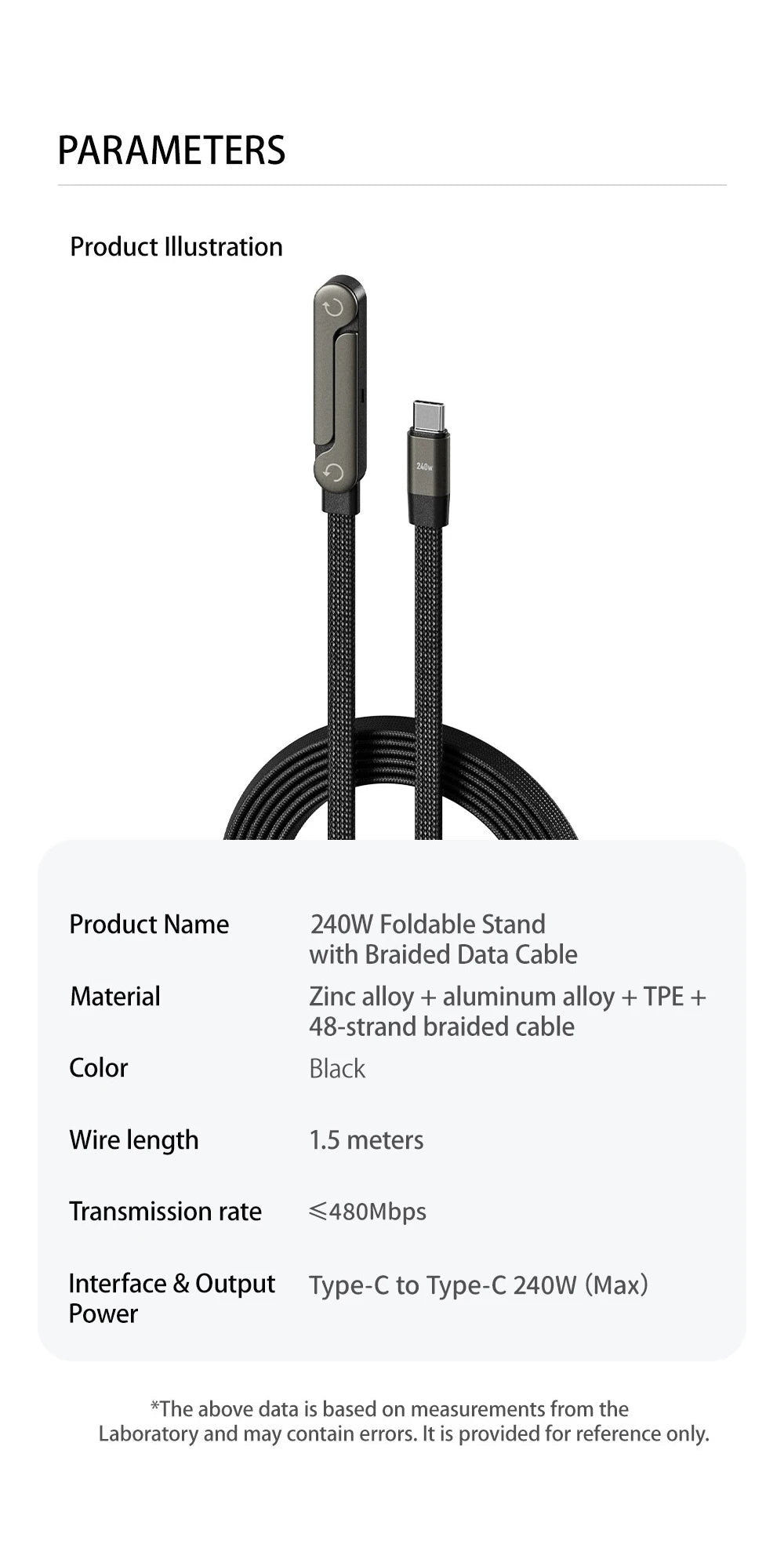 240W USB C to USB C Fast Charging Foldable Bracket Charging Cable