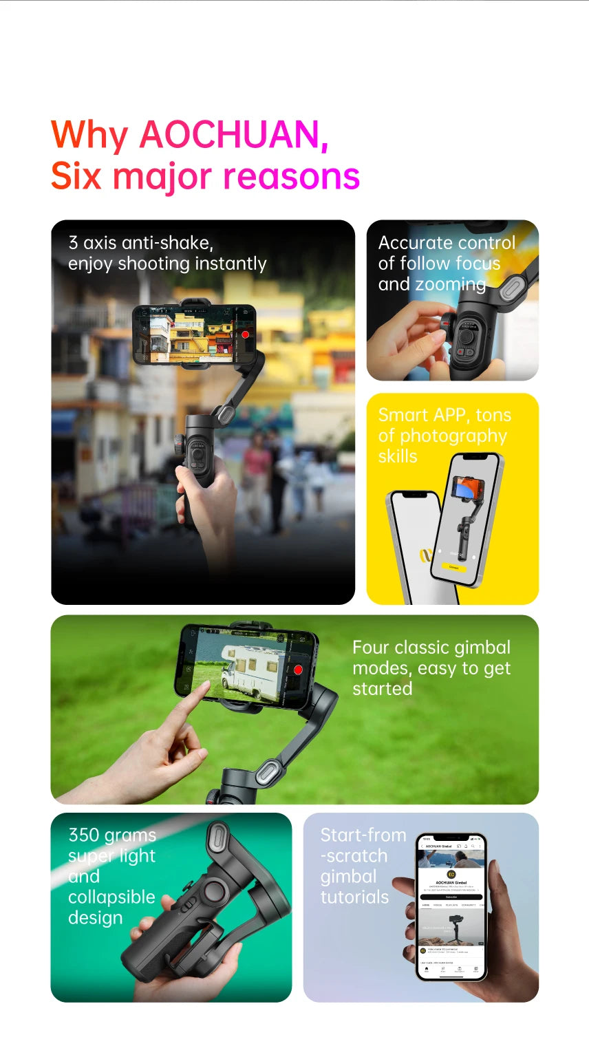 AOCHUAN 3-Axis Handheld Gimbal Stabilizer SmartXE for iPhone & Android AI Face Tracking